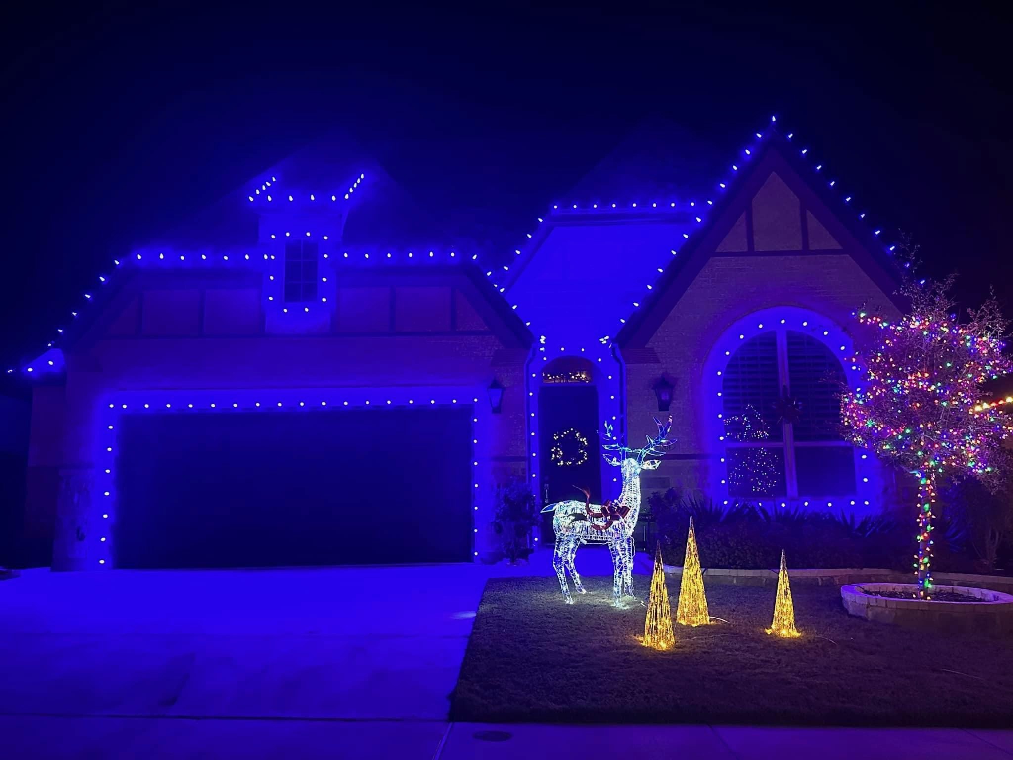 Stunning blue holiday lights with illuminated reindeer decoration
