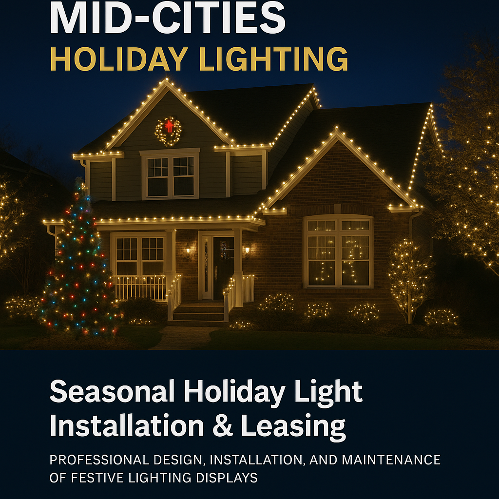 Professional holiday light installation featuring colorful C9 bulbs on a residential home with wrapped trees and illuminated roofline